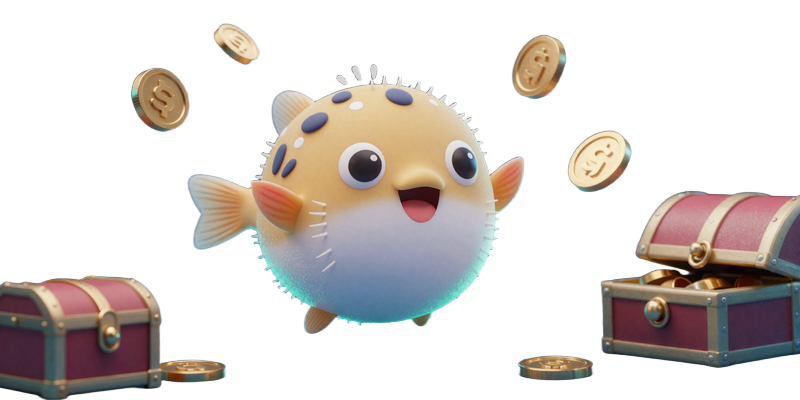 Fugu Casino Pufferfish Maskottchen schwimmt durch goldene M&uuml;nzen und Schatzkisten im Bonus Store