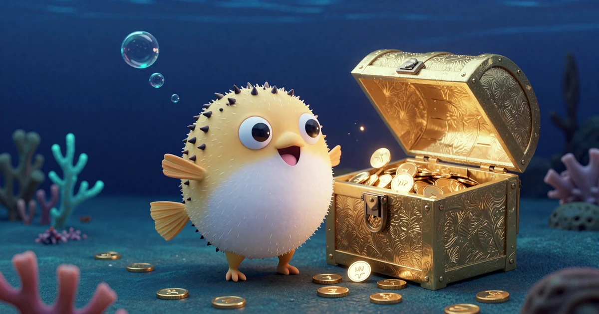 Fugu Casino Pufferfish Maskottchen neben goldener Schatzkiste mit M&uuml;nzen in tiefblauer Unterwasserwelt